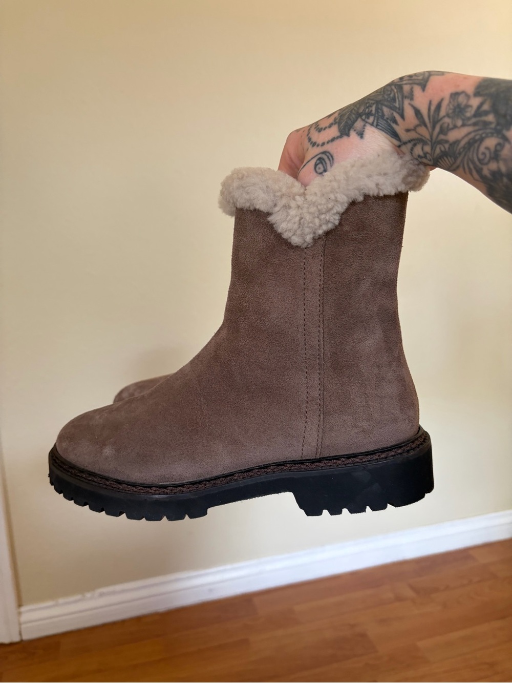 Aquatalia Taupe Suede Shearling-Trim Ankle Boots 5 1/2